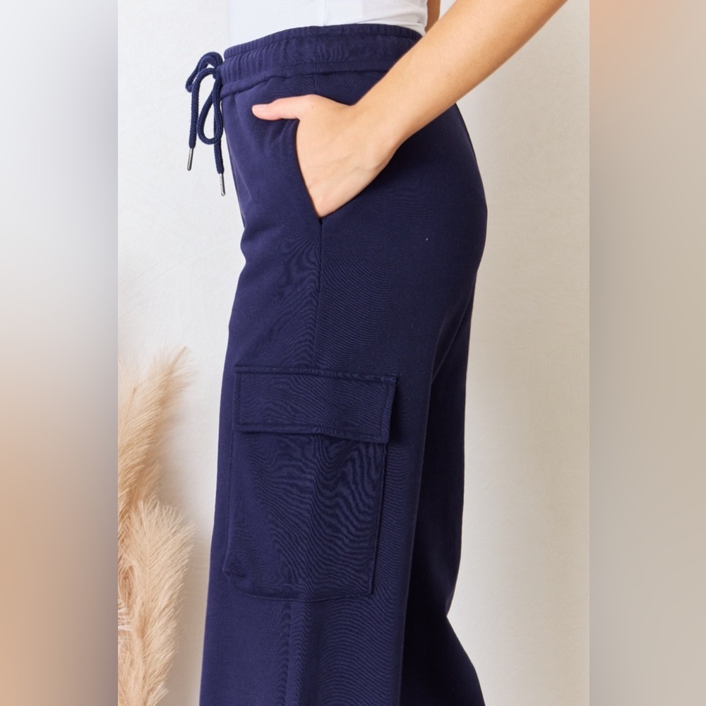 NEW RISEN Navy Blue High Waisted Cargo Pocket Wide Leg Lounge Pants Sweatpants - Picture 4 of 5